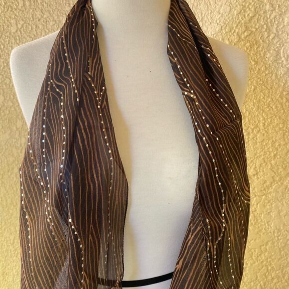 Made in Italy Brown with Silver Dots Scarf/Bandana L 61” x W 13” - Picture 2 of 7